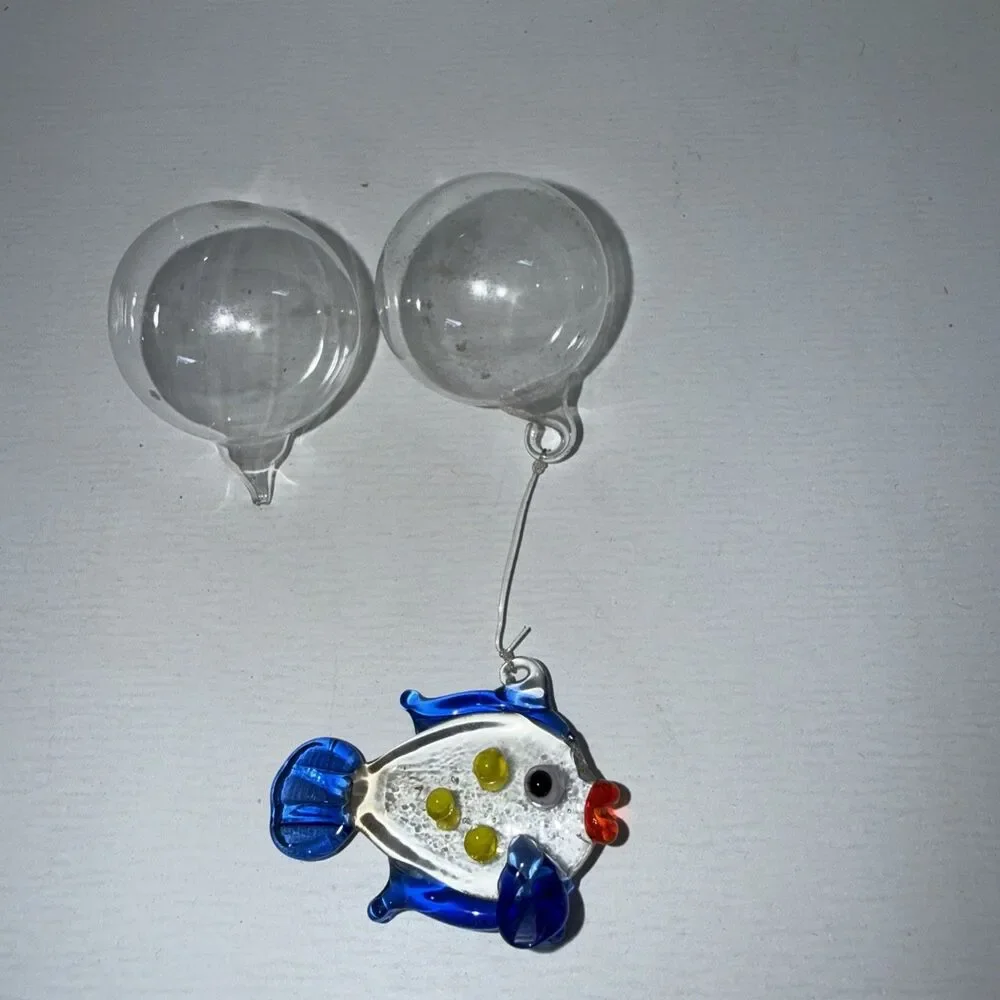 Handmade Floating Blown Glass Blue Fish W/Bubble Aquarium Decoration Extra Bubbl